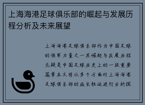 上海海港足球俱乐部的崛起与发展历程分析及未来展望