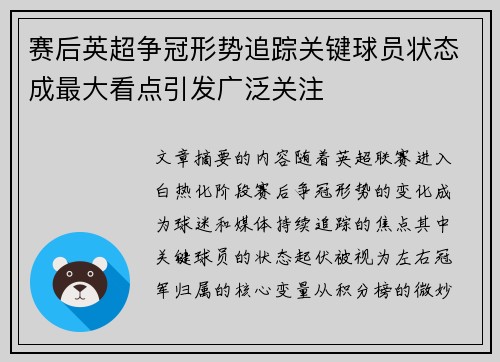 赛后英超争冠形势追踪关键球员状态成最大看点引发广泛关注